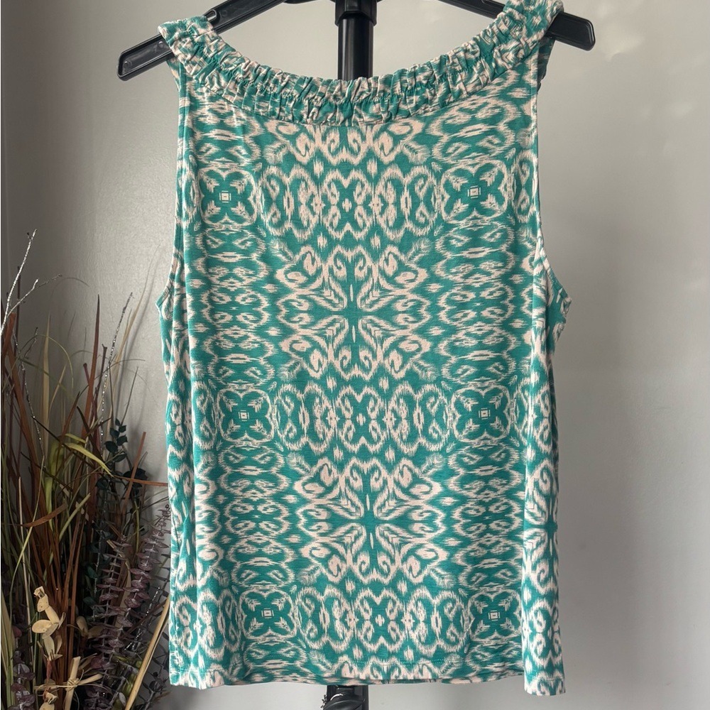 DKNY Green Tan Ikat Geometric Ruffle Neck Sleeveless Tank Top XL - Picture 3 of 8